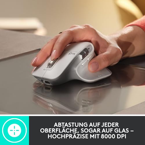 Logitech MX Master 3S - Kabellose Performance-Maus mit ultraschnellem Scrollen, Ergo, 8K DPI, Glas-Tracking, Leise Klicks, USB-C, Bluetooth, Windows, Linux, Chrome - Hellgrau Bild 2