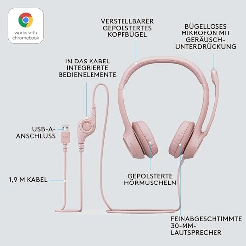 Logitech H390 verkabelter Kopfhörer für PC/Laptop, Stereokopfhörer mit rauschunterdrückendem Mikrofon USB-A, Inline-Steuerungen, für Chromebook geeignet - Rosa Bild 7