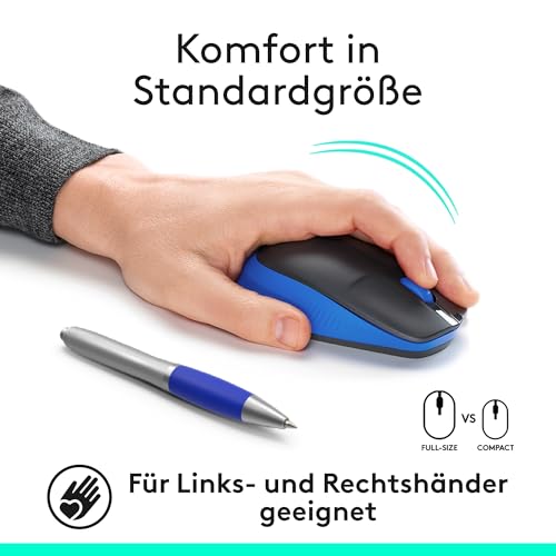 Logitech kabellose Maus M190, geschwungenes Design für beidhändige Nutzung, Batterielebensdauer von 18 Monaten plus Stromsparmodus, USB-Empfänger, präzise Kontrolle dank breitem Rad und Tasten - Blau Bild 2