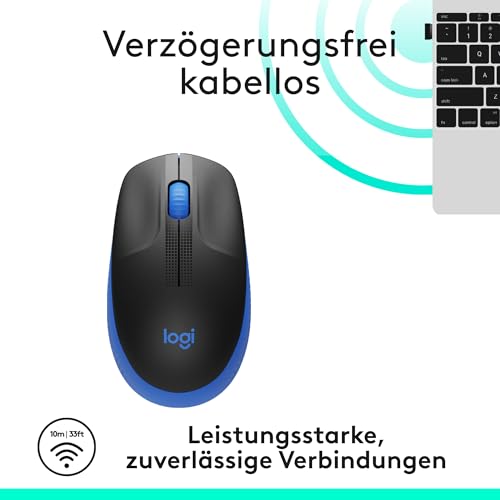 Logitech kabellose Maus M190, geschwungenes Design für beidhändige Nutzung, Batterielebensdauer von 18 Monaten plus Stromsparmodus, USB-Empfänger, präzise Kontrolle dank breitem Rad und Tasten - Blau Bild 3