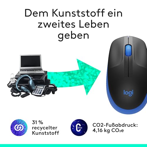 Logitech kabellose Maus M190, geschwungenes Design für beidhändige Nutzung, Batterielebensdauer von 18 Monaten plus Stromsparmodus, USB-Empfänger, präzise Kontrolle dank breitem Rad und Tasten - Blau Bild 4
