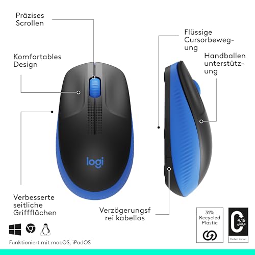 Logitech kabellose Maus M190, geschwungenes Design für beidhändige Nutzung, Batterielebensdauer von 18 Monaten plus Stromsparmodus, USB-Empfänger, präzise Kontrolle dank breitem Rad und Tasten - Blau Bild 6