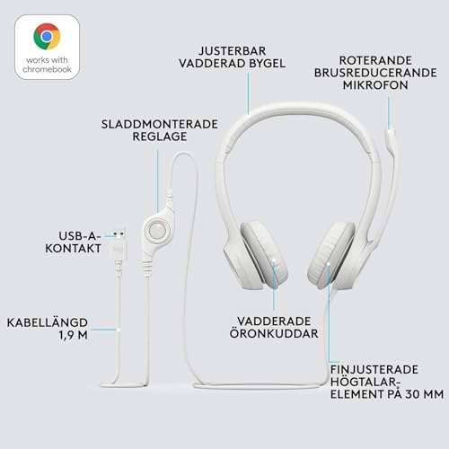 Logitech H390 verkabelter Kopfhörer für PC/Laptop, Stereokopfhörer mit rauschunterdrückendem Mikrofon USB-A, Inline-Steuerungen, für Chromebook geeignet - Weiß Bild 7