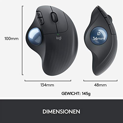 Logitech ERGO M575 Wireless Trackball Maus - Einfache Steuerung Mit Dem Daumen, Flüssige Bewegungen, Ergonomisches Design, Für Windows, PC & Mac Mit Bluetooth- & USB-Funktion - Graphite, Schwarz Bild 2