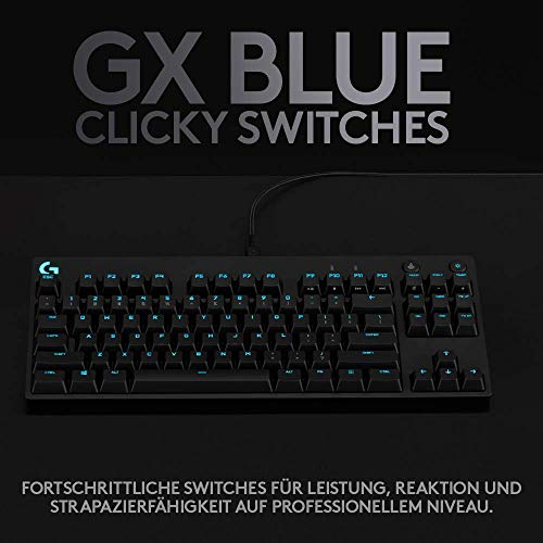 Logitech G PRO Mechanische Gaming-Tastatur – Portable Tenkeyless Design, abnehmbares Micro-USB-Kabel, GX Blue Clicky Switches, LIGHTSYNC RGB Backlit Keys, QWERTZ Deutsch, PC,Mac - Schwarz Bild 3