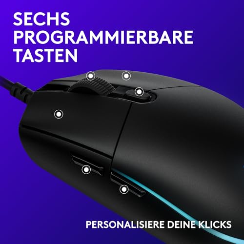 Logitech G203 Gaming-Maus mit anpassbarer LIGHTSYNC RGB-Beleuchtung, 6 programmierbare Tasten, spieletauglicher Sensor, Abtastung mit 8.000 DPI, Geringes Gewicht - Schwarz Bild 3