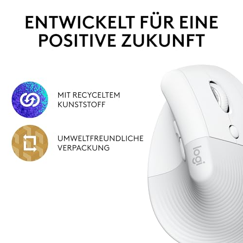 Logitech Lift Vertikale Ergonomische Maus, Kabellos, Bluetooth oder Logi Bolt USB-Empfänger, Leise Klicks, 4 Tasten, Kompatibel mit Windows/macOS/iPadOS, Laptop, PC - Weiß Bild 6
