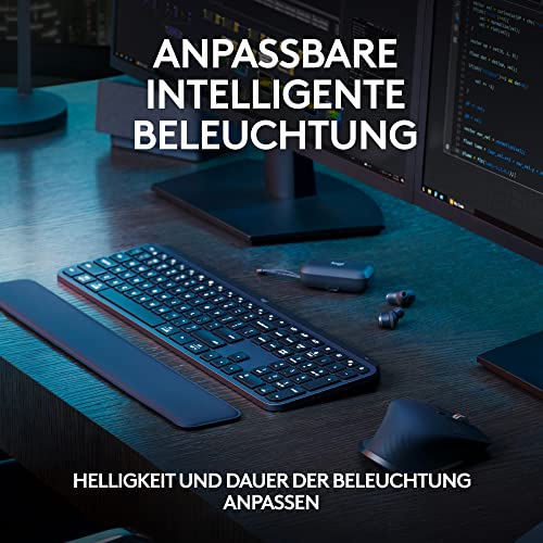 Logitech MX Keys S Plus kabellose Tastatur Uns Palm Rest Low Profile, Fluid Quiet Typing, Programmable, Backlighting, Bluetooth, USB C, Windows PC, Linux, Chrome, Mac, Deutsches QWERTZ - Grau Bild 5