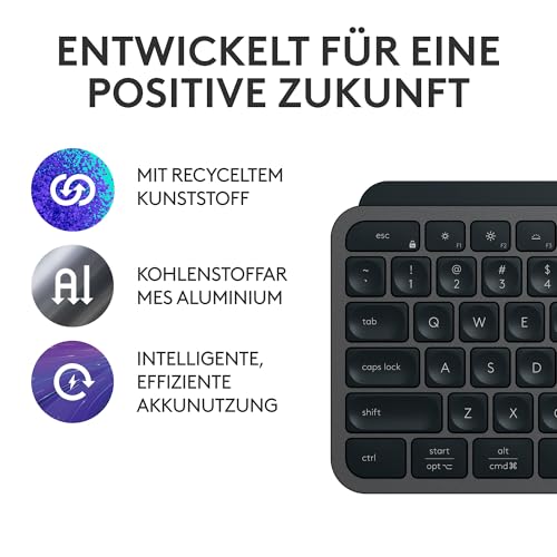 Logitech MX Keys S Plus kabellose Tastatur Uns Palm Rest Low Profile, Fluid Quiet Typing, Programmable, Backlighting, Bluetooth, USB C, Windows PC, Linux, Chrome, Mac, Deutsches QWERTZ - Grau Bild 6