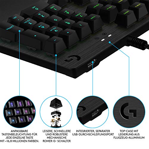 Logitech G512 mechanische Gaming-Tastatur, GX Brown Taktile Switches, LIGHTSYNC RGB-Beleuchtung, USB-Durchschleife, Aluminium-Gehäuse, Programmierbare F-Tasten, Deutsches QWERTZ-Layout - Schwarz Bild 5