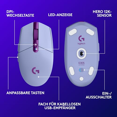 Logitech G G305 Lightspeed kabellose Gaming-Maus mit Hero 12K DPI Sensor, Wireless Verbindung, 6 programmierbare Tasten, 250 Stunden Akkulaufzeit, Leichtgewicht, PC/Mac - Lila Bild 6