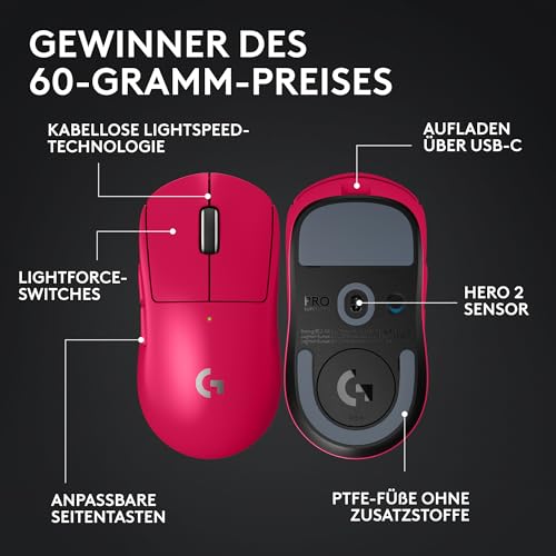 Logitech G PRO X SUPERLIGHT 2 kabellose Gaming-Maus, West Europa Verpackung, 60 g Pro-Grade-Maus mit 5 programmierbaren Tasten, 44K-DPI-Sensor, 8.000 Hz Signalrate, USB-C-Ladefunktion für PC/Mac - Rot Bild 6