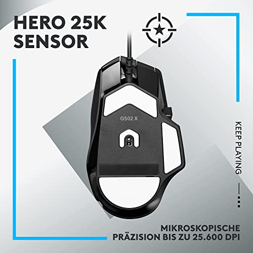Logitech G G502 X Kabelgebundene Gaming-Maus, EWR2, LIGHTFORCE Hybrid optisch-mechanische Primärschalter, Hero 25K Gaming-Sensor, Kompatibel PC - macOS/Windows - Schwarz Bild 4