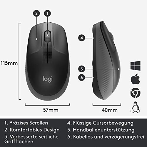 Logitech kabellose Maus M190, geschwungenes Design für beidhändige Nutzung, Batterielebensdauer von 18 Monaten plus Stromsparmodus, USB-Empfänger, präzise Kontrolle dank breitem Rad und Tasten Schwarz Bild 3