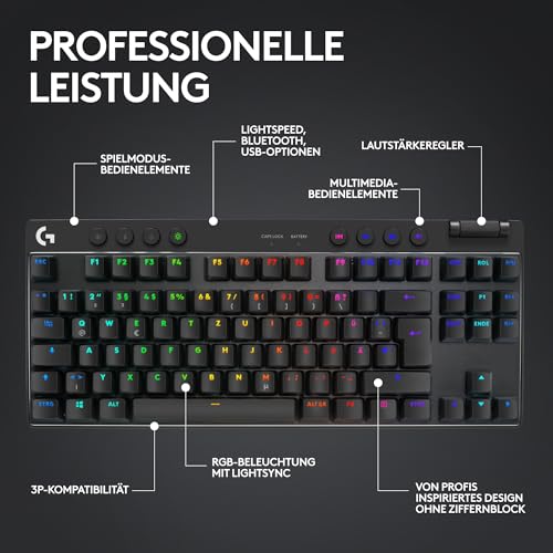 Logitech G PRO X TKL Lightspeed kabellose Gaming-Tastatur, ultramobiles Design ohne Ziffernblock, LIGHTSYNC RGB, PBT-Tastenkappen, Tactile Switches (GX Brown), QWERTZ Deutsches, PC - Schwarz Bild 5