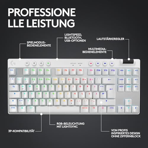 Logitech G PRO X TKL Lightspeed kabellose Gaming-Tastatur, ultramobiles Design ohne Ziffernblock, LIGHTSYNC RGB, PBT-Tastenkappen, Tactile Switches (GX Brown), QWERTZ Deutsches, PC - Weiß Bild 5