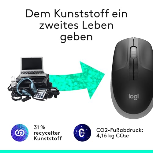 Logitech kabellose Maus M190, geschwungenes Design für beidhändige Nutzung, Batterielebensdauer von 18 Monaten plus Stromsparmodus, USB-Empfänger, präzise Kontrolle dank breitem Rad und Tasten - Grau Bild 4