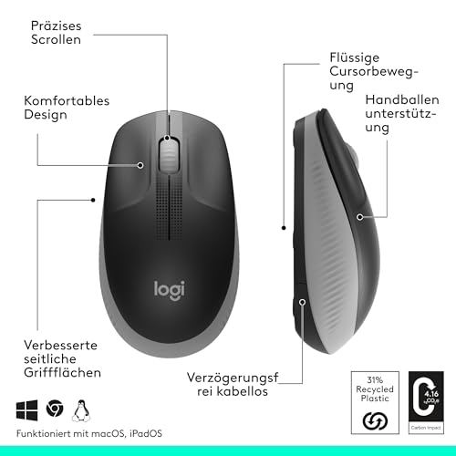 Logitech kabellose Maus M190, geschwungenes Design für beidhändige Nutzung, Batterielebensdauer von 18 Monaten plus Stromsparmodus, USB-Empfänger, präzise Kontrolle dank breitem Rad und Tasten - Grau Bild 6