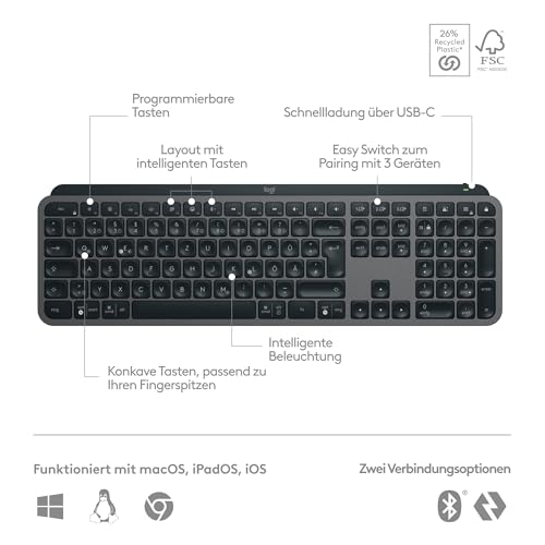 Logitech MX Keys S kabellose Tastatur, Low Profile, Fluid Quiet Typing, Programmable, Backlighting, Bluetooth, USB C Rechargeable, für Windows PC, Linux, Chrome, Mac, Deutsches QWERTZ - Grau Bild 6
