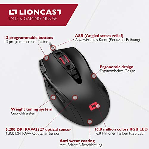 Lioncast ® LM15 Gaming Maus mit Kabel [PROGRAMMIERBARE Tasten] für PC - Beste MMO RGB Beleuchtung - PC Computer Maus USB Bild 2