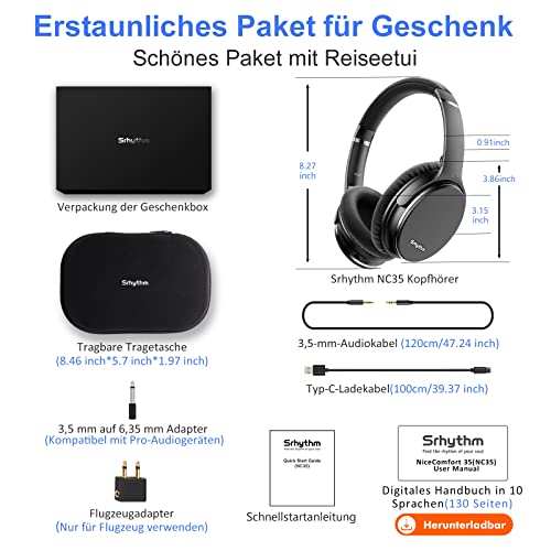 Srhythm NC35 Active Noise Cancelling Kopfhörer Kabellos Bluetooth - LDAC Modus, Schnellladung, 50+ Wiedergabe Over-Ear Kopfhoerer mit Mikrofon, Verbindung von 2 Geräten, Memory Protein Ohrmuscheln Bild 5