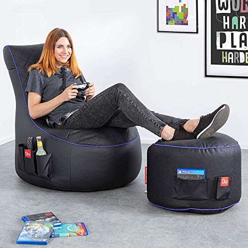 Gamewarez Arctic Hurricane 2.0 Bundle – Set aus Gaming-Hocker und Gaming-Sitzsack, mit Seitentasche & Headset-Halter, Kunstleder, Made in Germany, schwarz-blau Bild 2