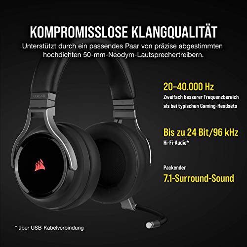 Corsair Virtuoso RGB Wireless High-Fidelity Gaming Headset - 7.1 Surround Sound - Abnehmbares Omnidirektionales Mikrofon - iCUE-Kompatibel - PC, Mac, PS5, PS4, Nintendo Switch, Mobile - Carbon Bild 3