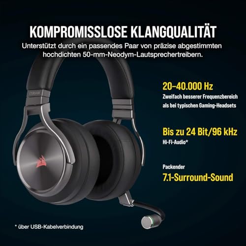 Corsair Virtuoso RGB Wireless SE High-Fidelity-Gaming-Headset (7.1-Surround-Sound, Omnidirektionales Mikrofon in Broadcast-Qualität, Kompatibel mit PC, PS4, Switch und Mobilgeräten) Gunmetal Bild 3