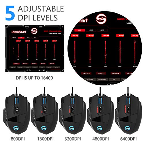 UtechSmart Venus Gaming Maus 16400 DPI USB Laser MMO Gaming Mouse, 18 programmierbare Tasten,16400 DPI Abtastrate, konfigurierbare LED-Farb-Beleuchtung, ergonomisches Design Bild 2