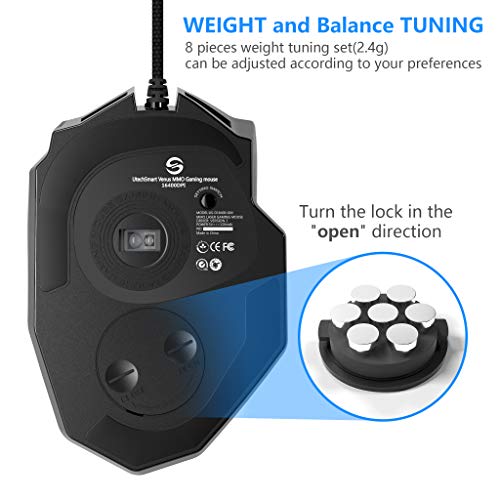 UtechSmart Venus Gaming Maus 16400 DPI USB Laser MMO Gaming Mouse, 18 programmierbare Tasten,16400 DPI Abtastrate, konfigurierbare LED-Farb-Beleuchtung, ergonomisches Design Bild 3