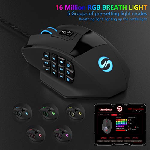 UtechSmart Venus Gaming Maus 16400 DPI USB Laser MMO Gaming Mouse, 18 programmierbare Tasten,16400 DPI Abtastrate, konfigurierbare LED-Farb-Beleuchtung, ergonomisches Design Bild 6
