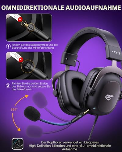 havit Gaming Headset mit Mikrofon - Gaming Kopfhörer [3,5mm Klinke für PC, Xbox und PlayStation] - Gamer Kopfhörer Over Ear [mit Noise Cancelling] - Metallic Schwarz Bild 7