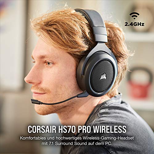Corsair HS70 Pro Wireless Gaming Headset (7.1 Surround Sound, Ultraniedrige Latenz, 12 Meter Reichweite, Federleichtes Design, Abnehmbares Rauschunterdrückung-Mikrofon, für PC und PS4) Carbon Bild 2