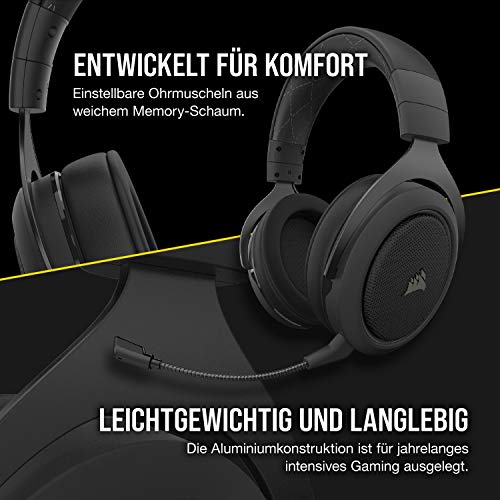 Corsair HS70 Pro Wireless Gaming Headset (7.1 Surround Sound, Ultraniedrige Latenz, 12 Meter Reichweite, Federleichtes Design, Abnehmbares Rauschunterdrückung-Mikrofon, für PC und PS4) Carbon Bild 4