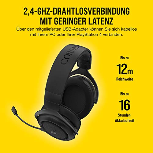 Corsair HS70 Pro Wireless Gaming Headset (7.1 Surround Sound, Ultraniedrige Latenz, 12 Meter Reichweite, Federleichtes Design, Abnehmbares Rauschunterdrückung-Mikrofon, für PC und PS4) Carbon Bild 5
