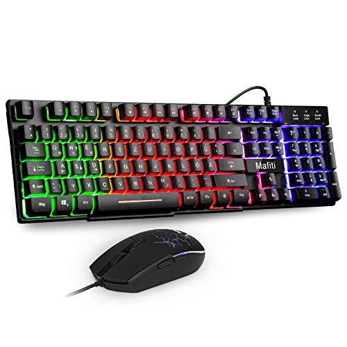 mafiti Tastatur und Maus Set, Kabelgebundenes, LED Hintergrundbeleuchtung QWERTZ (DE-Layout), Regenbogen Farben Beleuchtetung für Gaming und Büro Bild 1