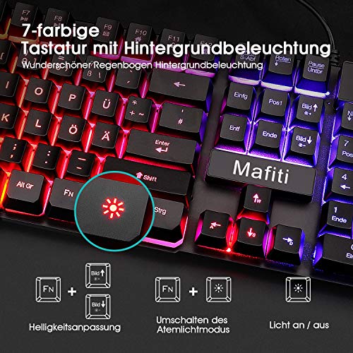 mafiti Tastatur und Maus Set, Kabelgebundenes, LED Hintergrundbeleuchtung QWERTZ (DE-Layout), Regenbogen Farben Beleuchtetung für Gaming und Büro Bild 2