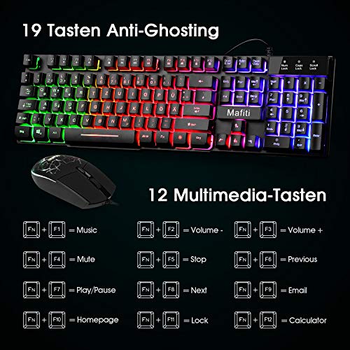 mafiti Tastatur und Maus Set, Kabelgebundenes, LED Hintergrundbeleuchtung QWERTZ (DE-Layout), Regenbogen Farben Beleuchtetung für Gaming und Büro Bild 3
