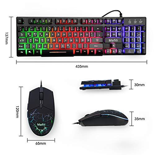 mafiti Tastatur und Maus Set, Kabelgebundenes, LED Hintergrundbeleuchtung QWERTZ (DE-Layout), Regenbogen Farben Beleuchtetung für Gaming und Büro Bild 6