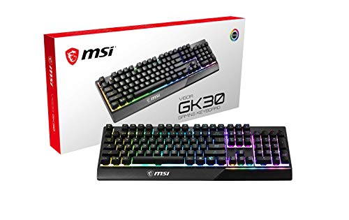 MSI Vigor GK30 Gaming-Tastatur, QWERTZ, DE Layout - Mechanische Membran-Switches, wasserfest, RGB Mystic Light, Beleuchtungs- & Media-Hotkeys, rutschfeste Game Base, vergoldeter USB 2.0 - Full-Size Bild 1