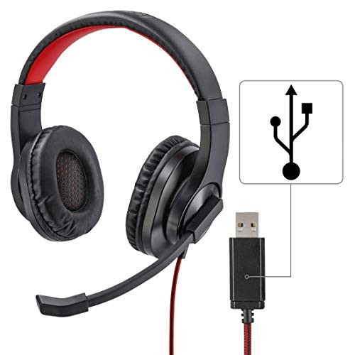 Hama USB Headset, Over Ear Kopfhörer mit Mikrofon (Headset mit Lautstärkenregler und verstellbarem Mikrofonarm, für Videokonferenzen, Homeoffice, Callcenter, eLearning, USB-A-Stecker) schwarz, rot Bild 3