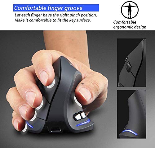 zelotes Kabellose Maus,Wiederaufladbar,2400DPI,6 Tasten,Vorbeugung Gegen Mausarm,Vertikale Ergonomische Maus Kabellos,Funkmaus für Laptop,PC,Mac,Schwarz Bild 2