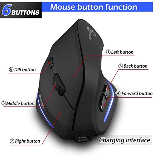 zelotes Kabellose Maus,Wiederaufladbar,2400DPI,6 Tasten,Vorbeugung Gegen Mausarm,Vertikale Ergonomische Maus Kabellos,Funkmaus für Laptop,PC,Mac,Schwarz Bild 4