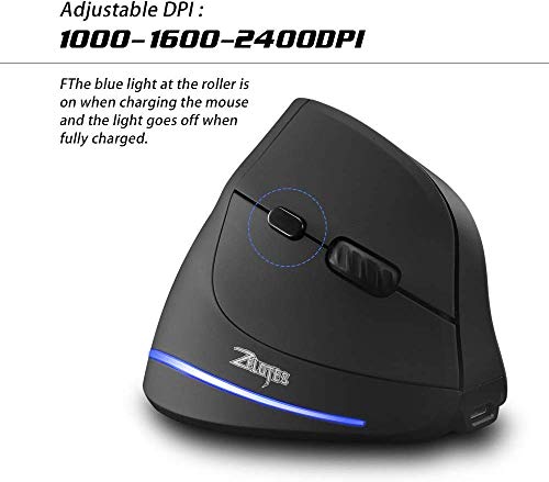 zelotes Kabellose Maus,Wiederaufladbar,2400DPI,6 Tasten,Vorbeugung Gegen Mausarm,Vertikale Ergonomische Maus Kabellos,Funkmaus für Laptop,PC,Mac,Schwarz Bild 5
