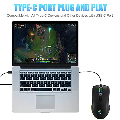 IULONEE Gaming Maus USB Typ C RGB Kabelgebundene Computer Mäuse Ergonomische Gamer Mouse Kompatibel mit M@c, PC, Matebook, Chromebook, Universal Laptop Windows Zubehör Schwarz Bild 5