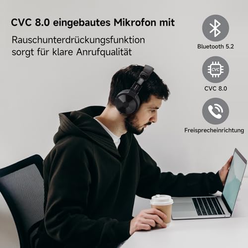 OneOdio Bluetooth Kopfhörer Over Ear [Bis zu 110 Std & BT 5.2] Kopfhörer Kabellos Bluetooth mit 50mm Treiber, HiFi Stereo Faltbares Wireless Headphones mit Mikrofon für Laptop/Handy/PC - Schwarz Bild 5