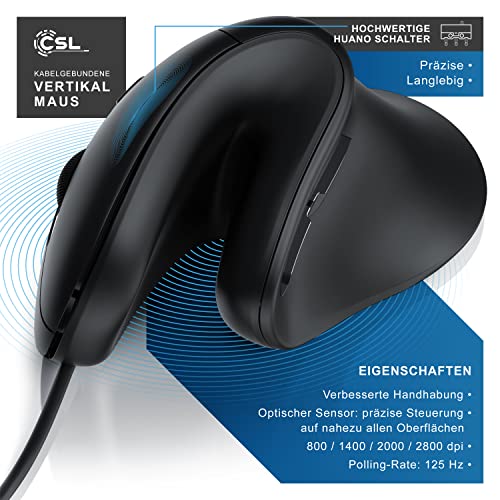 CSL - optische Maus - Mouse Vertikale Ausführung - Computermaus USB kabelgebunden - 800-3200 DPI - Vertikalmaus - ergonomisches Design - Vorbeugung gegen Mausarm Tennisarm - mit Kabel - PC und MAC Bild 2