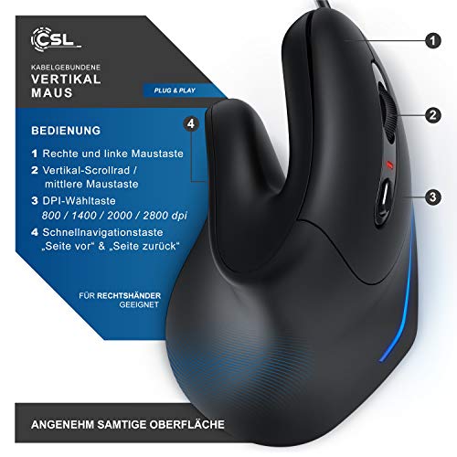 CSL - optische Maus - Mouse Vertikale Ausführung - Computermaus USB kabelgebunden - 800-3200 DPI - Vertikalmaus - ergonomisches Design - Vorbeugung gegen Mausarm Tennisarm - mit Kabel - PC und MAC Bild 3
