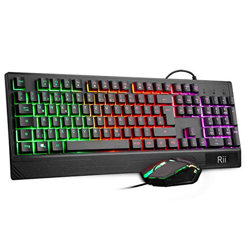 Rii Gaming Tastatur und Maus Set, Maus und Tastatur, RGB Hintergrundbeleuchtung QWERTZ (DE-Layout), Regenbogen Farben Beleuchtete USB Wasserdicht Tastatur und Maus mit 3200 für Pro PC Gamer Bild 1
