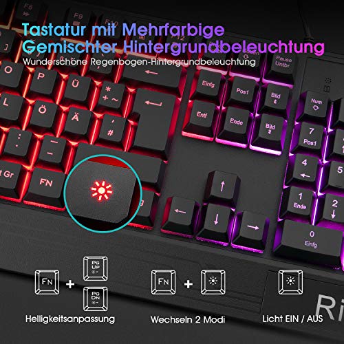 Rii Gaming Tastatur und Maus Set, Maus und Tastatur, RGB Hintergrundbeleuchtung QWERTZ (DE-Layout), Regenbogen Farben Beleuchtete USB Wasserdicht Tastatur und Maus mit 3200 für Pro PC Gamer Bild 2